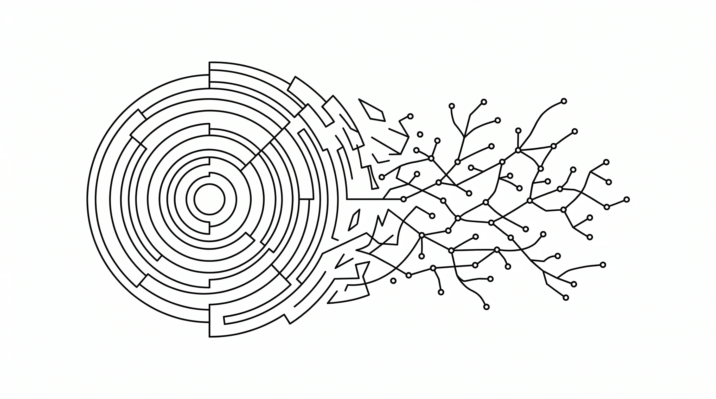 Concentric geometric rings fragmenting into branching network pathways with terminal nodes
