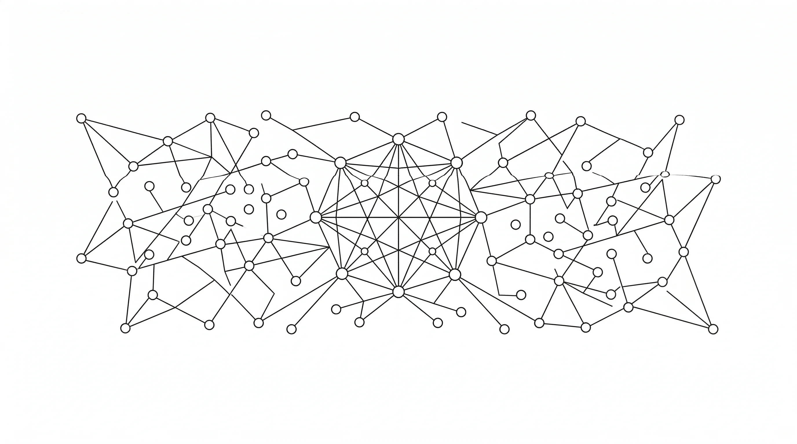Network graph of scattered nodes connected by geometric lines with a dense central cluster
