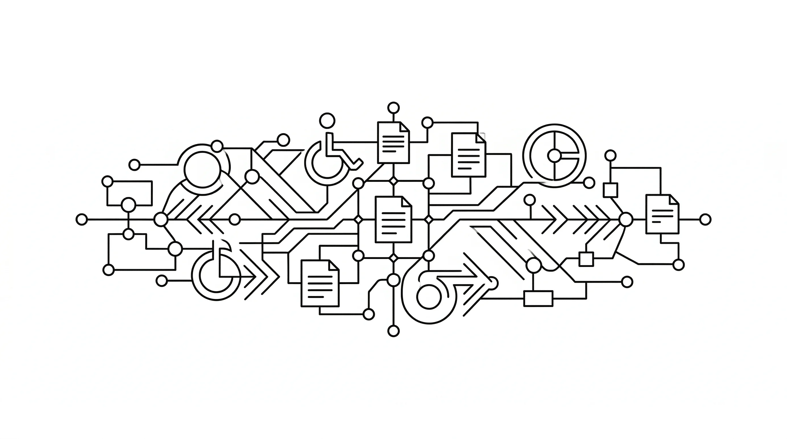 AI-generated accessibility symbols and document shapes interconnected by circuit board patterns
