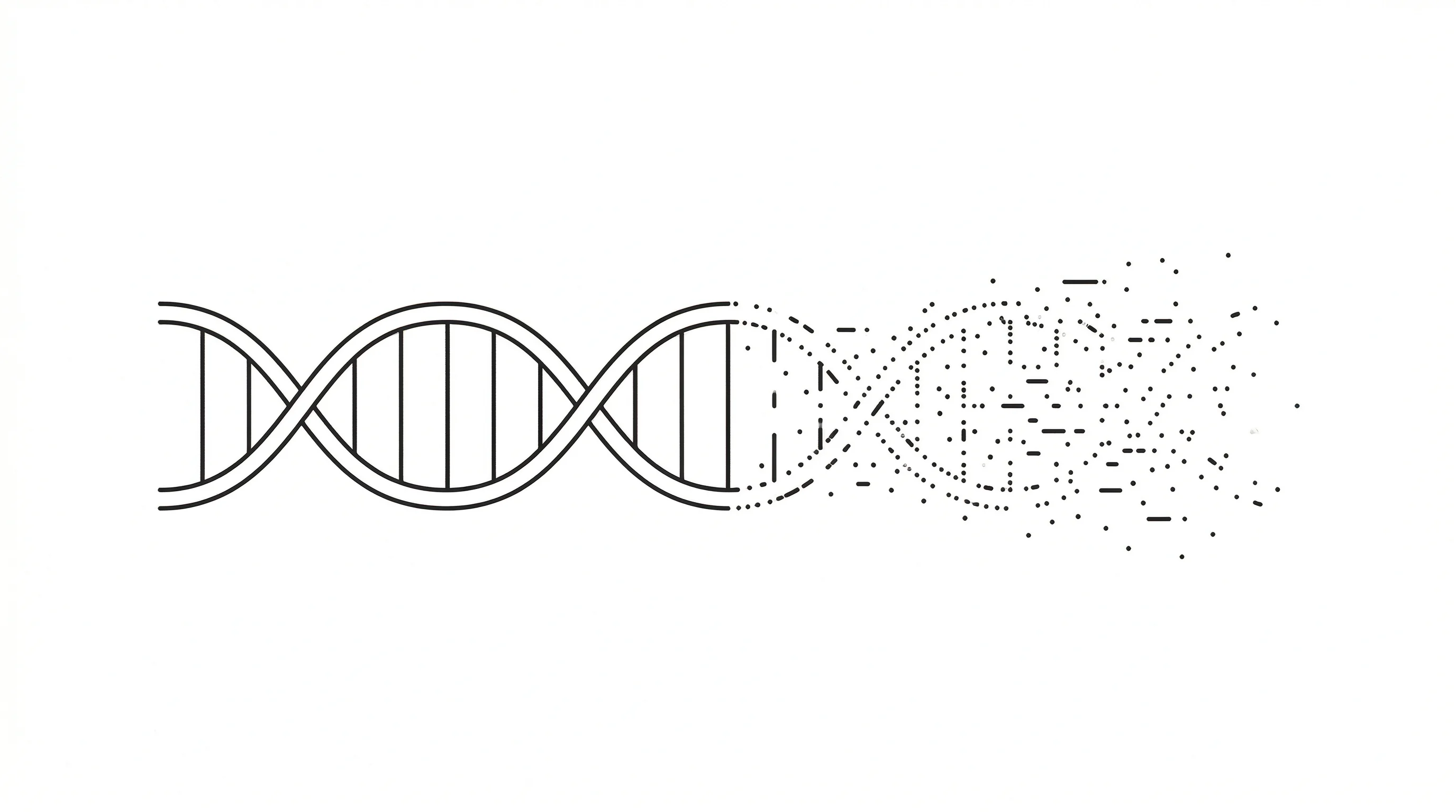 Abstract DNA helix dissolving into scattered data points representing biological age measurement uncertainty