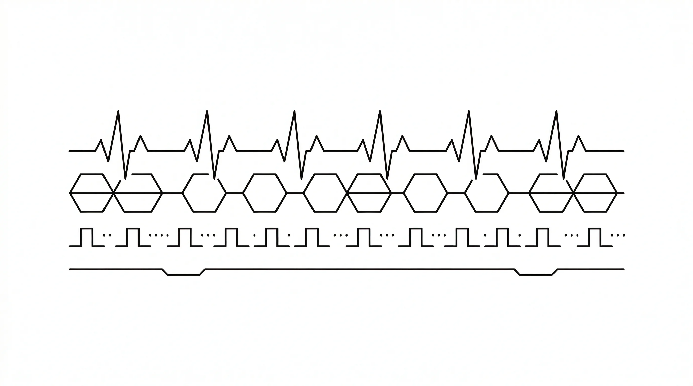 Abstract parallel waveforms and data traces flowing horizontally representing multiple biomarker signals being monitored simultaneously