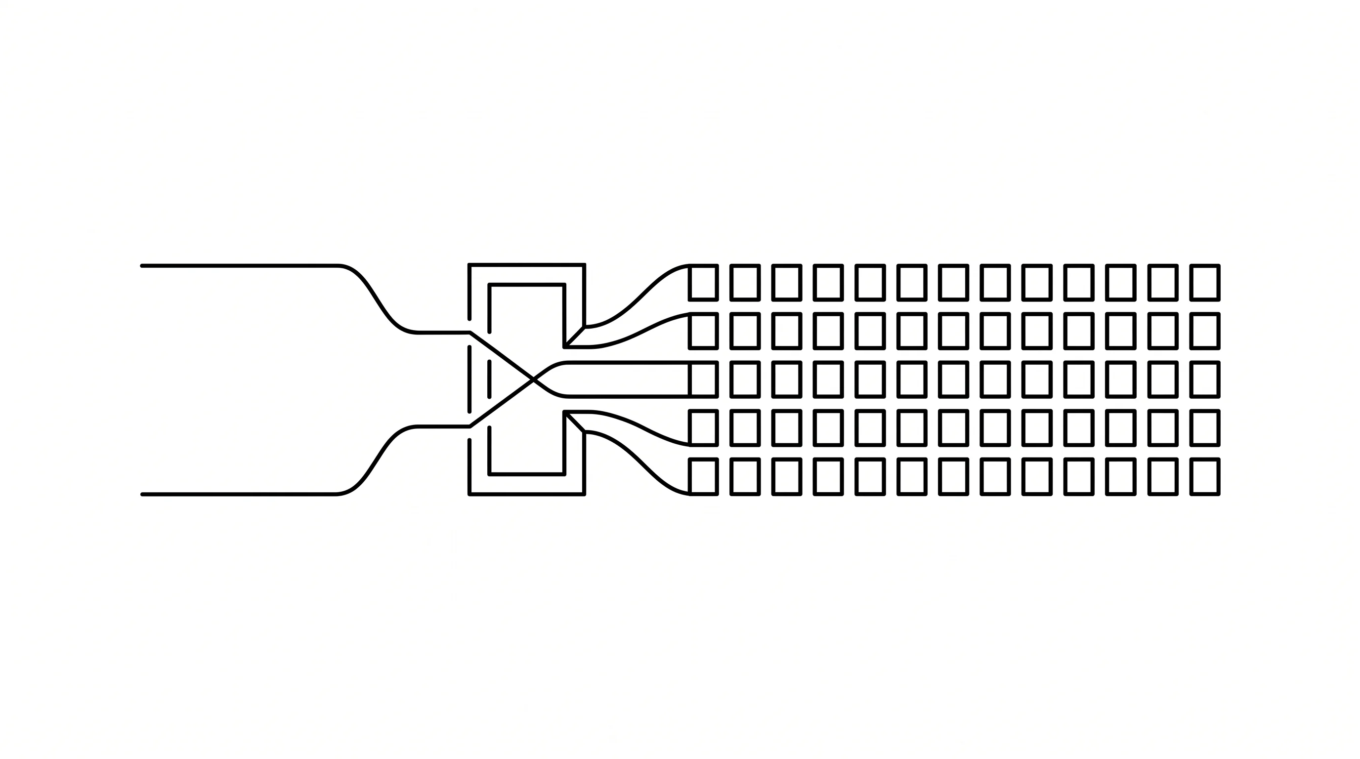 Two thin lines converging through a geometric gate into an ordered grid of squares