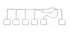 A wide minimalist black and white line drawing of six identical rounded squares in a row. Five are joined to a single horizontal rule above them by short straight stems, while one reaches that same rule by a long meandering curve that wanders far to the right and doubles back.