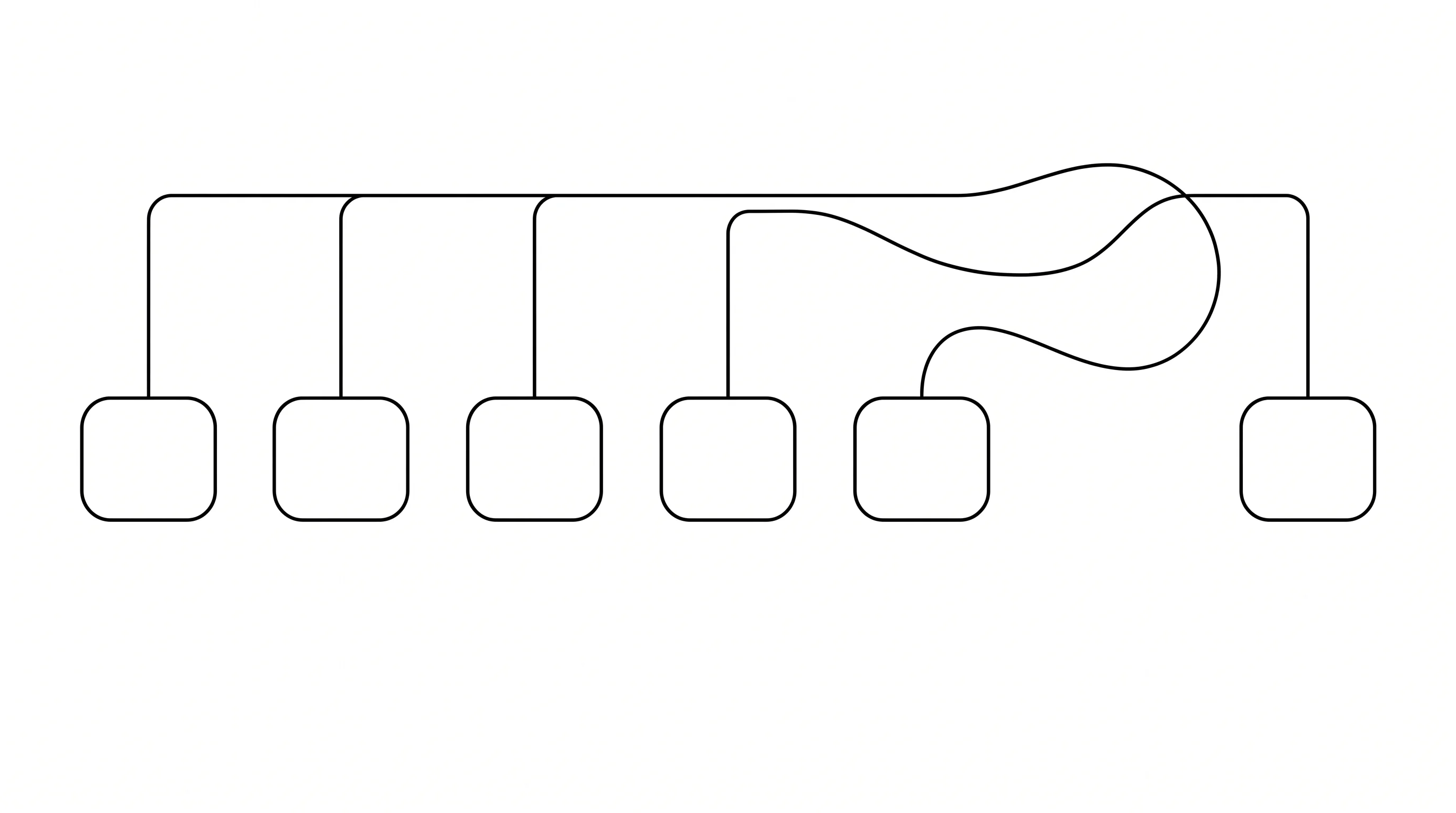 A wide minimalist black and white line drawing of six identical rounded squares in a row. Five are joined to a single horizontal rule above them by short straight stems, while one reaches that same rule by a long meandering curve that wanders far to the right and doubles back.