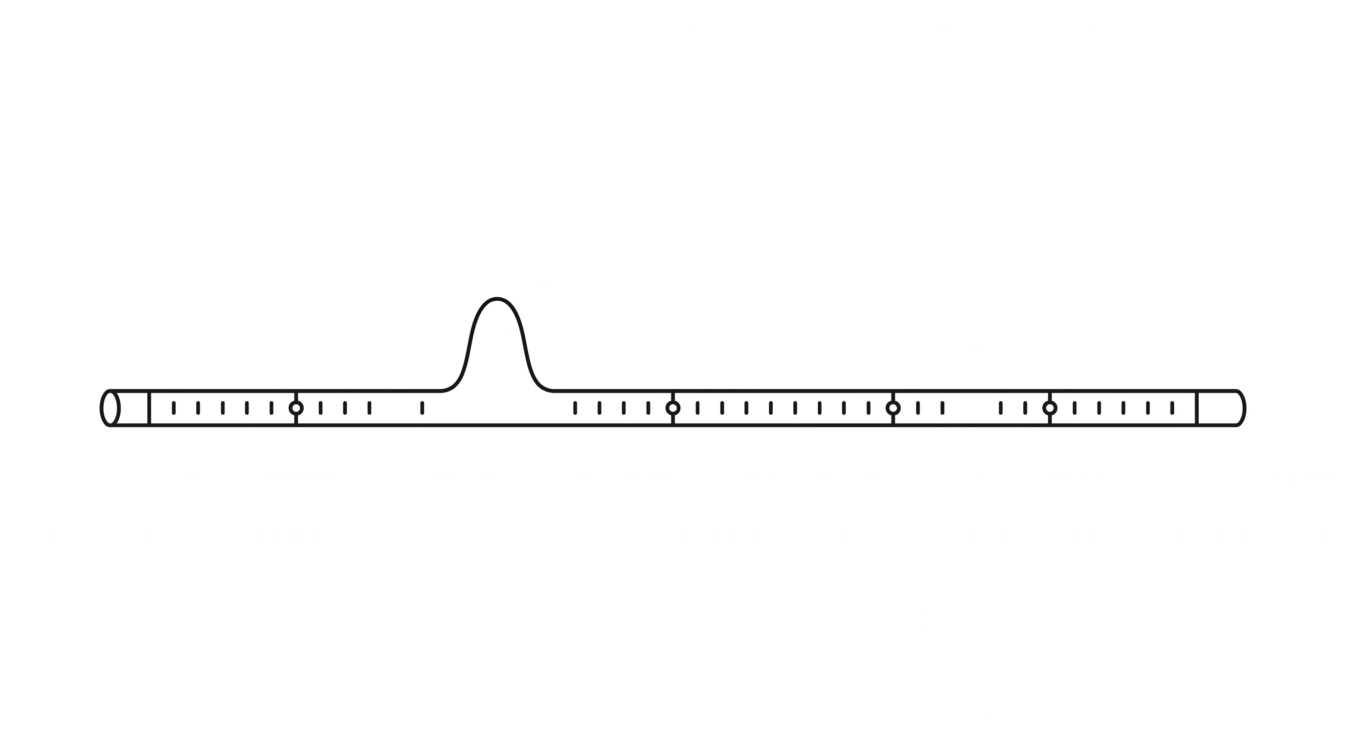 A single signal pulse traveling along a long insulated nerve fiber marked with rhythmic nodes, in minimalist black and white, evoking a steady clock pace