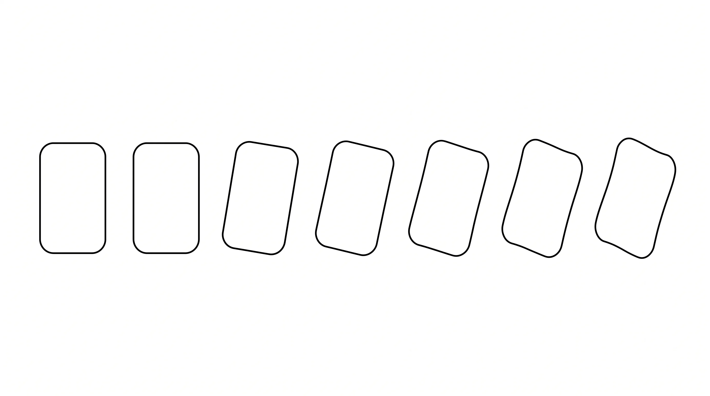 A wide minimalist black and white row of the same rounded rectangular outline drawn seven times, crisp and upright on the left and progressively rotated and deformed toward the right.