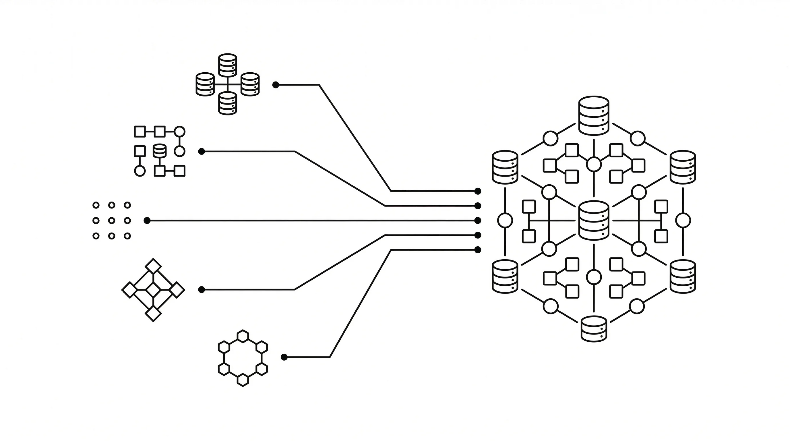 Isolated node clusters converging through pathways into a unified central hub representing a company brain architecture