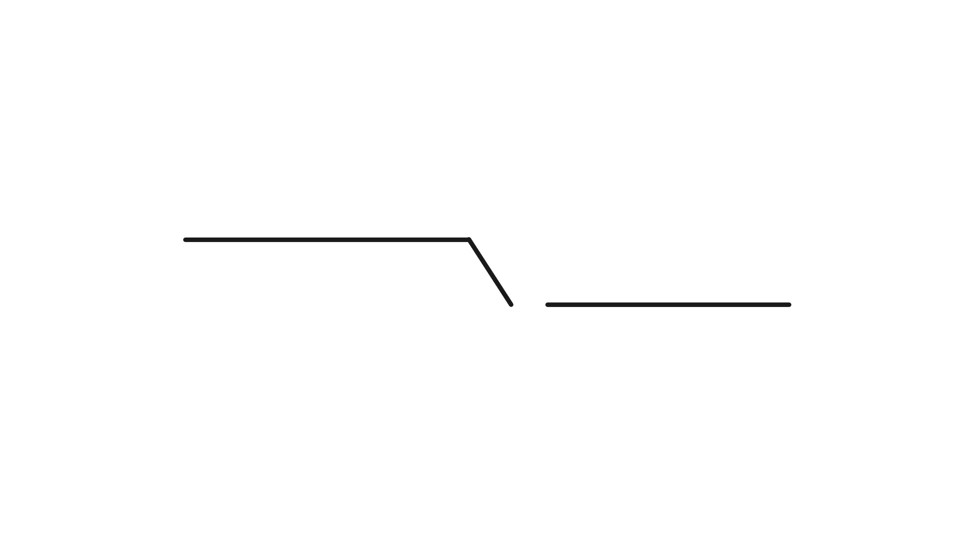 A wide minimalist black and white line drawing of one horizontal line dropping on a short diagonal and picking up again on a lower line after a small gap