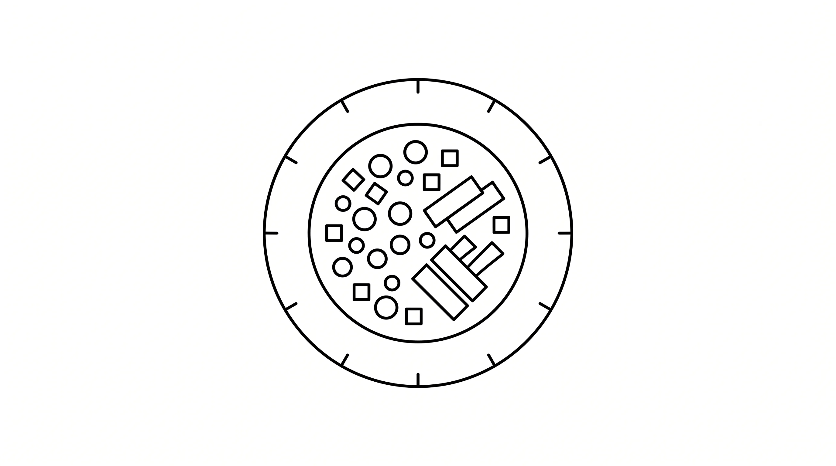 Abstract plate with geometric food shapes and clock markers representing one meal a day eating pattern