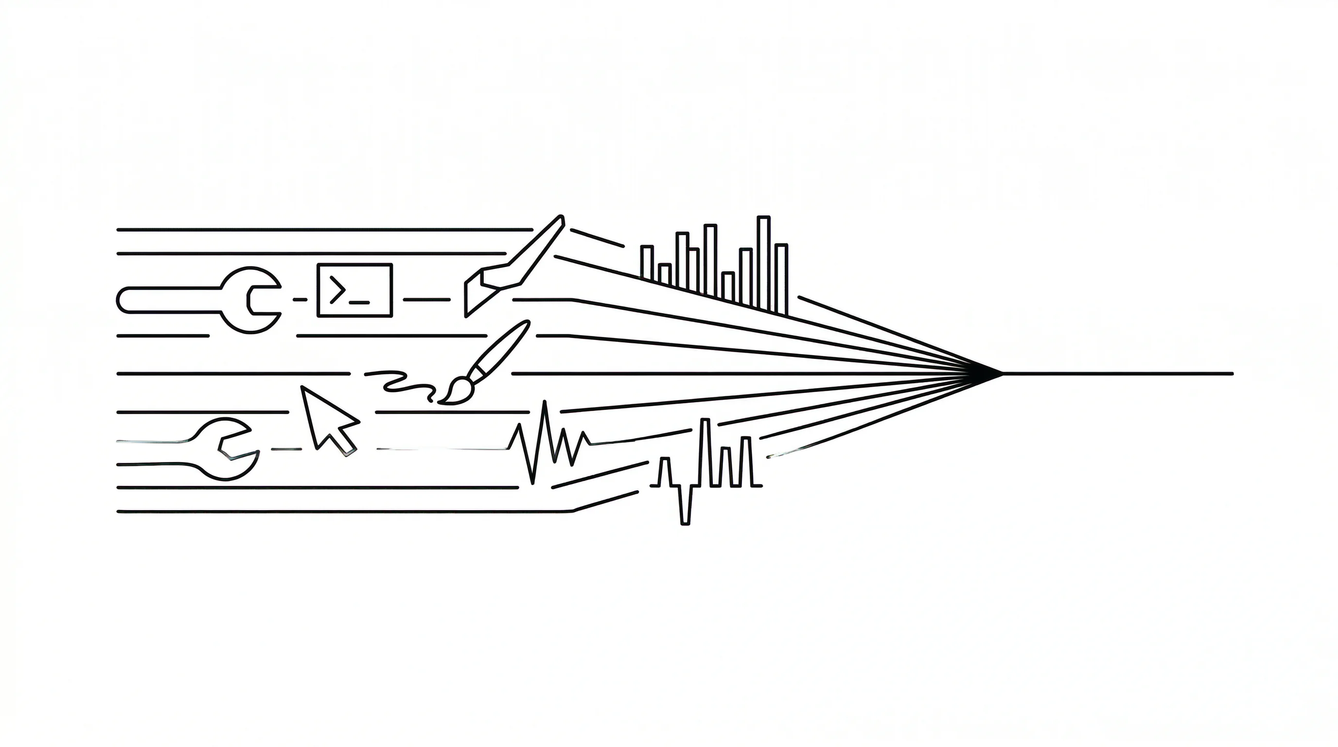 Multiple geometric tool silhouettes converging along parallel lines toward a single vanishing point