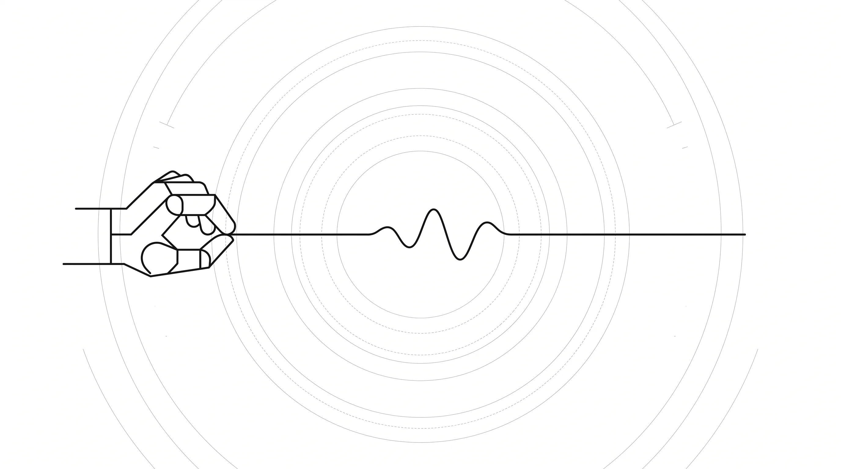 Abstract line drawing of a fist anchoring a long horizontal baseline that holds flat and carries a single pulse, surrounded by faint concentric rings