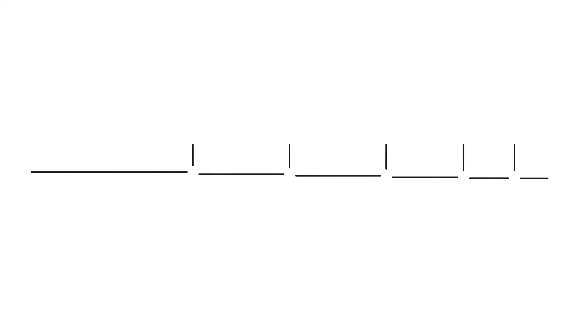 A wide minimalist black and white line drawing of a single horizontal line broken into segments that grow shorter from left to right, with a short vertical stroke dropping towards the line above every break