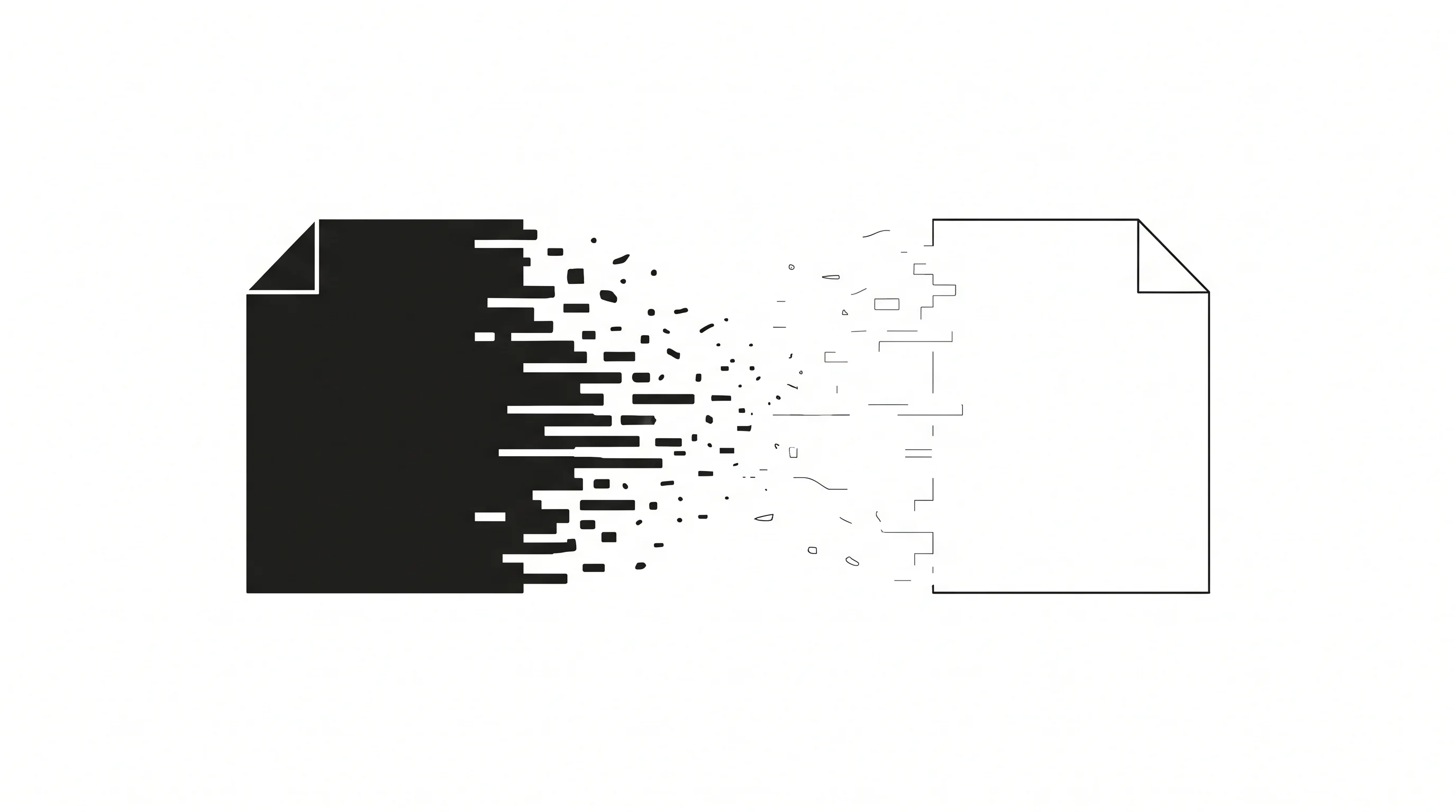 A wide minimalist black and white composition of a single sheet of paper, fully inked on the left and dissolving into a faint hollow outline on the right, evoking polished output with nothing underneath it