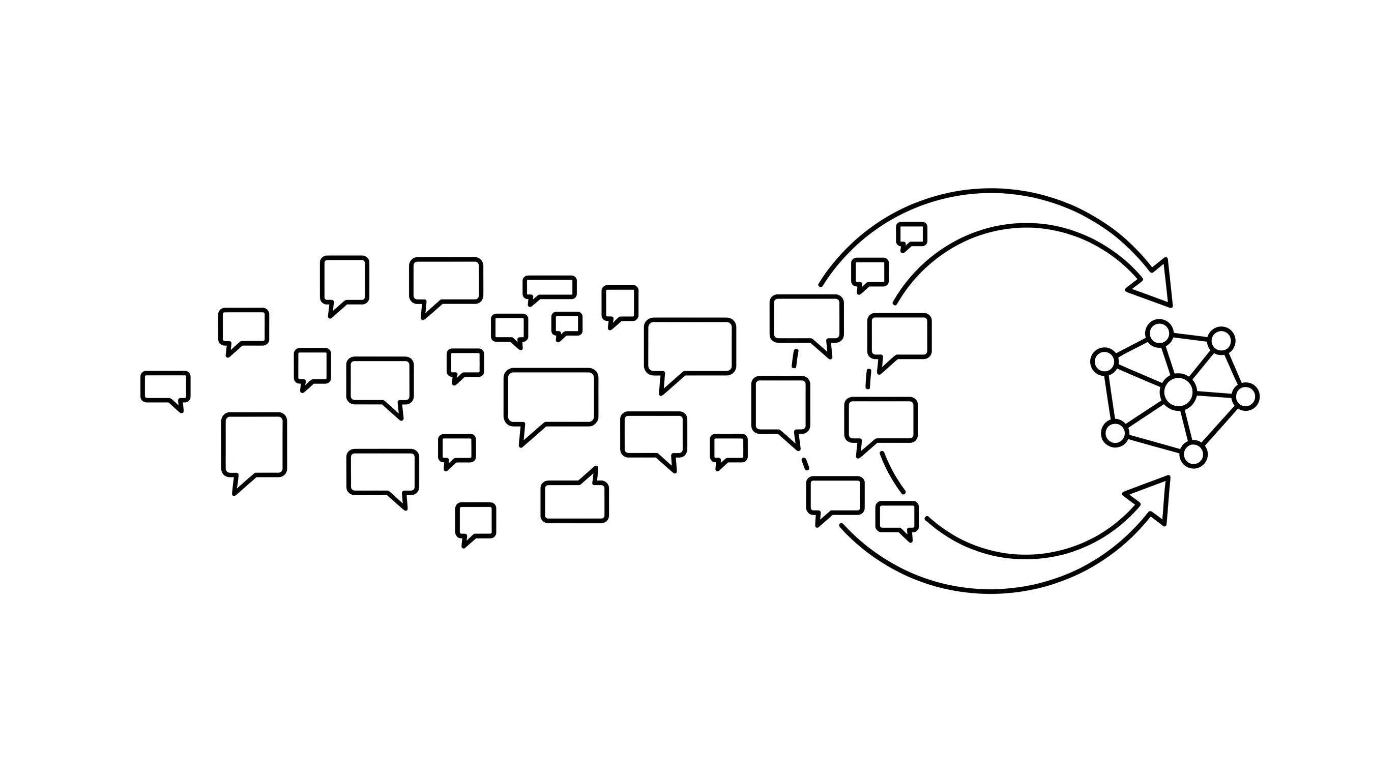 Wide horizontal composition of a stream of speech bubbles flowing into a curved feedback loop that returns into a node graph, evoking an AI building its own memory from conversation