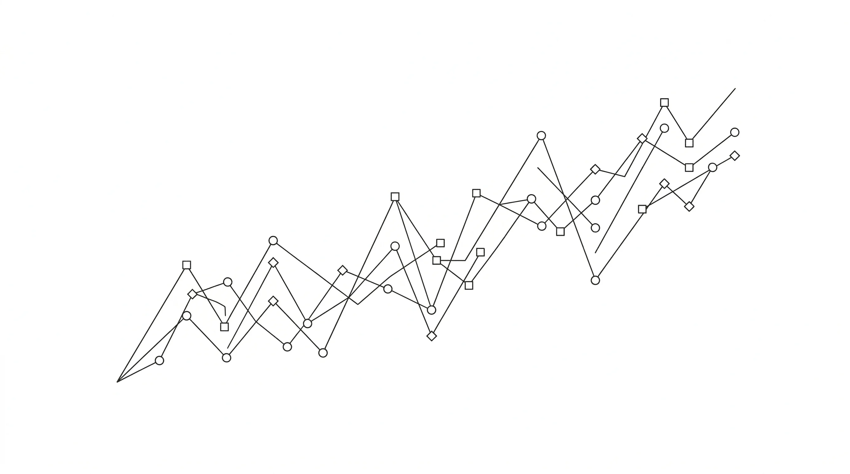 Interlocking line graphs with ascending data points and geometric nodes representing tracked progress over time