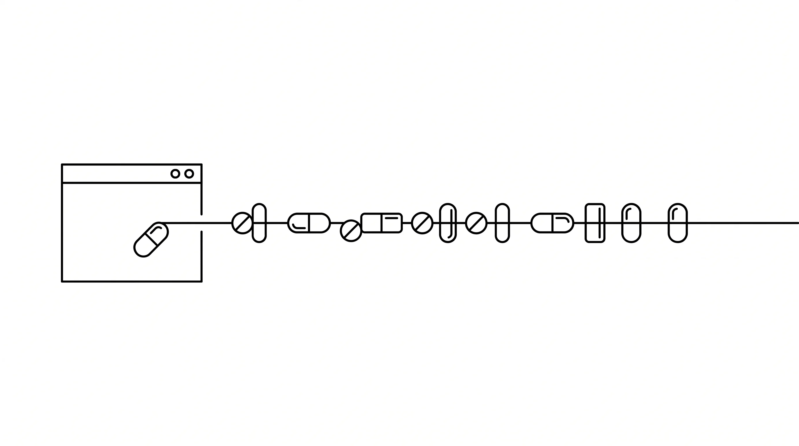Minimalist black and white composition of a chat bubble dispensing pills along a clean horizontal line, evoking an AI-driven personal pharmacy