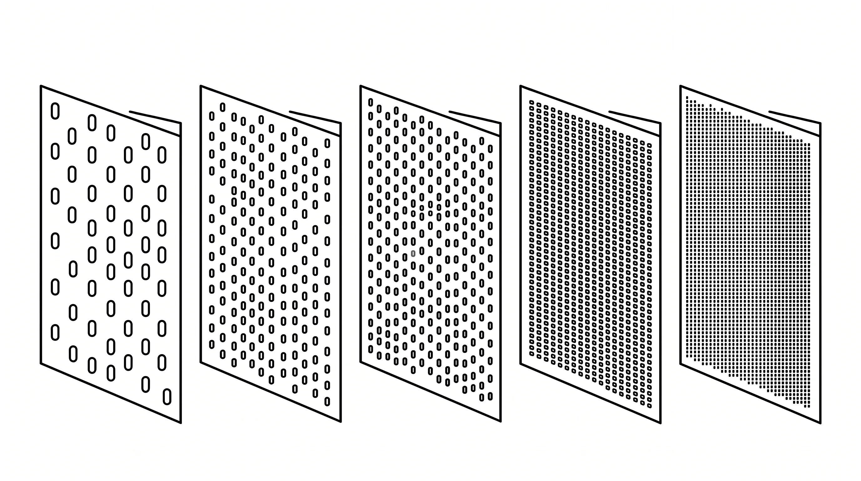 Wide horizontal abstract composition of five vertical filter membranes in sequence, each with smaller passages, representing layered defense for PII in an AI agent
