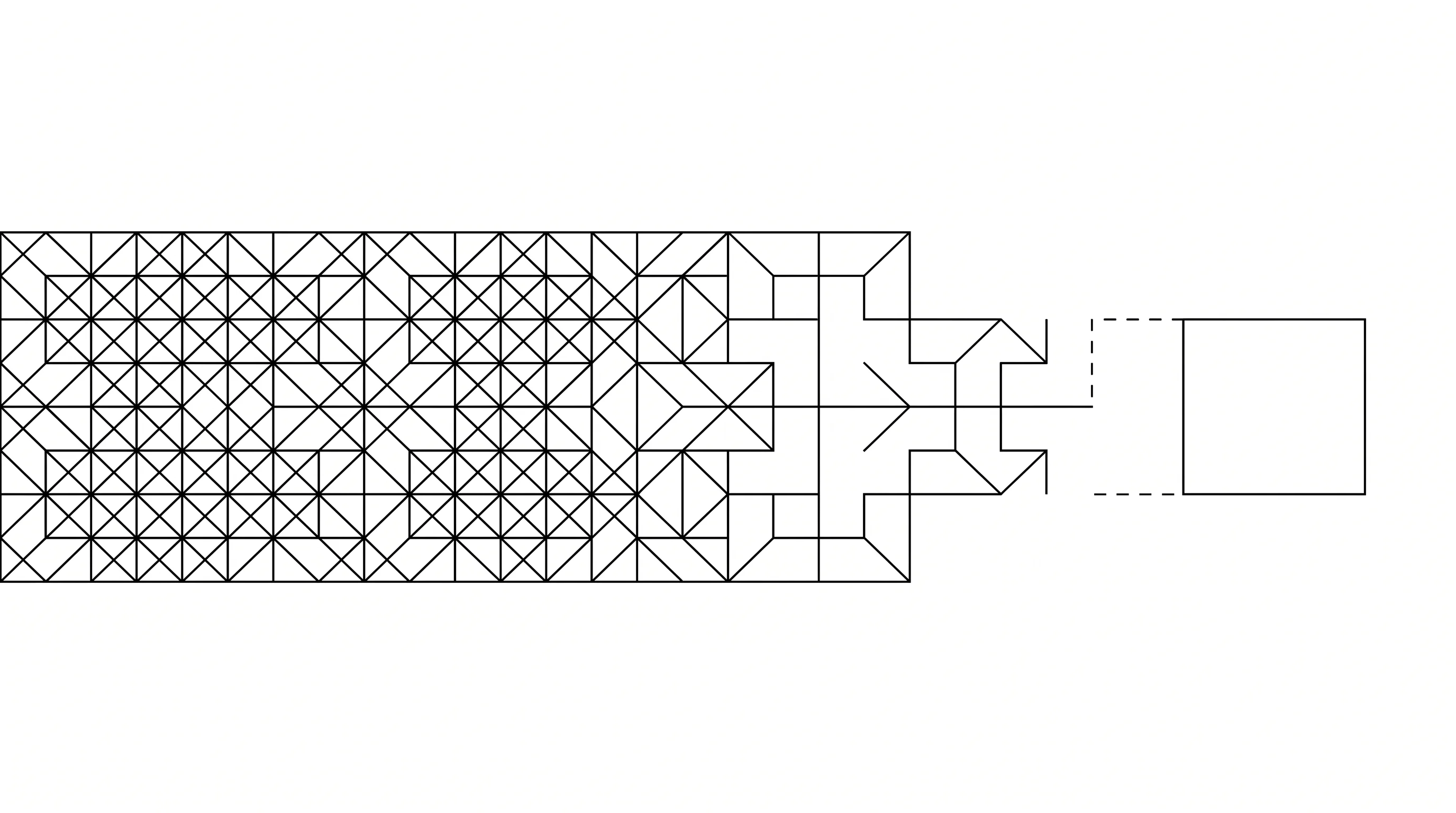 A wide field of dense geometric patterns resolving from left toward a single blank cell on the right, in minimalist black and white, evoking raw computation working out a problem never seen before