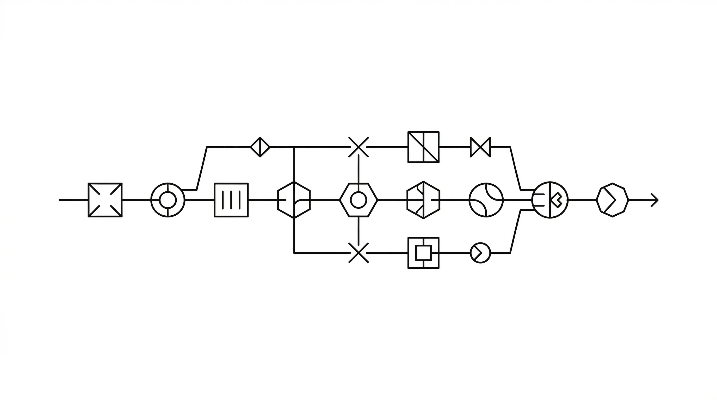Wide horizontal signal path flowing through connected geometric nodes representing an AI reasoning pipeline