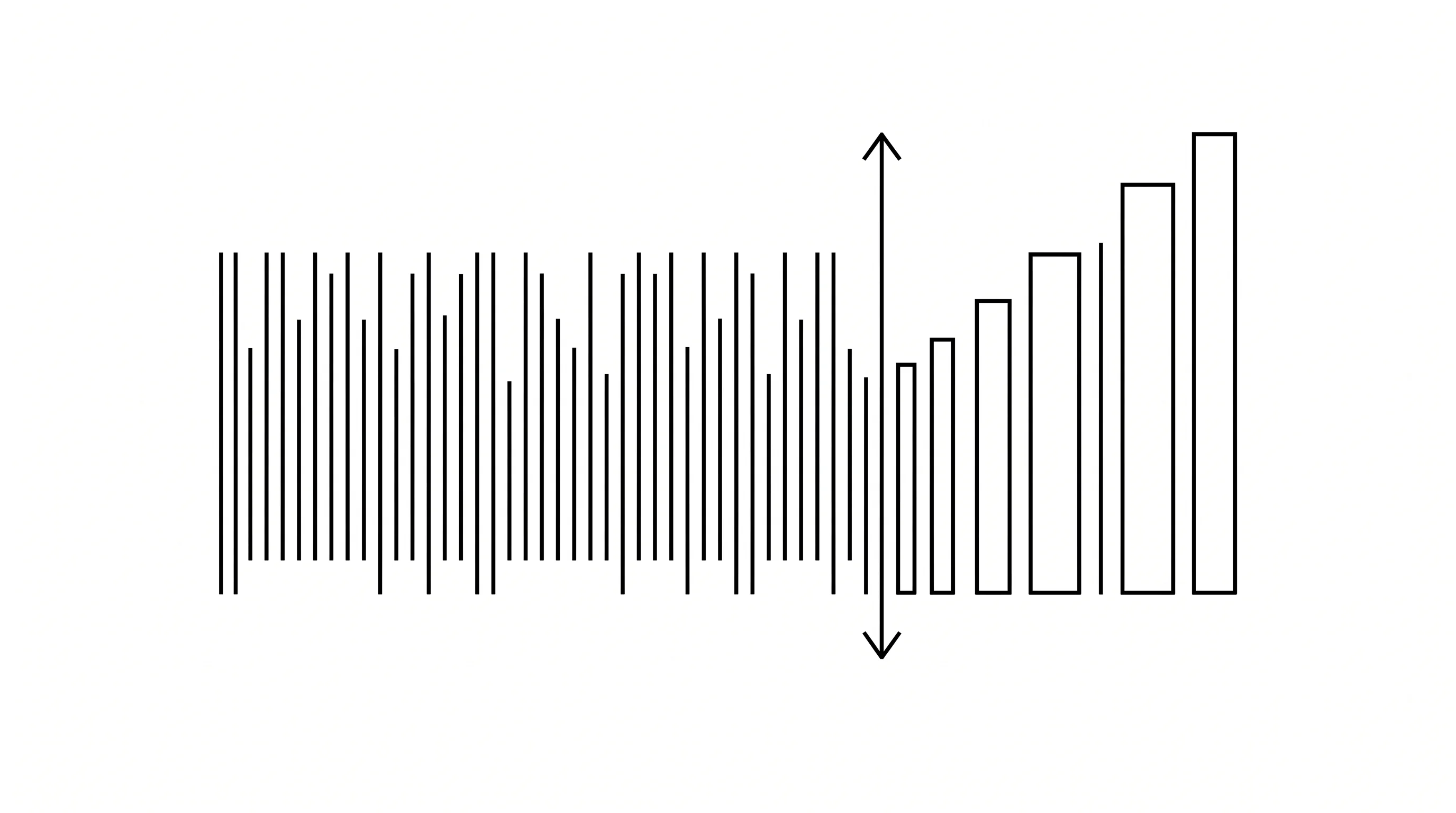 A wide field of vertical barcode-like hairlines on the left gradually resolving into a ranked bar chart on the right, a thin vertical scan line sweeping across.