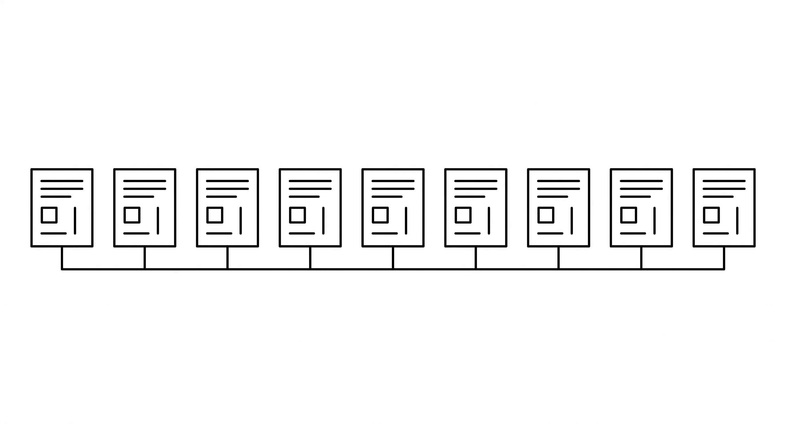 Wide horizontal composition of small uniform document-like cards aligned across the canvas, connected by thin lines suggesting they snap into a larger system