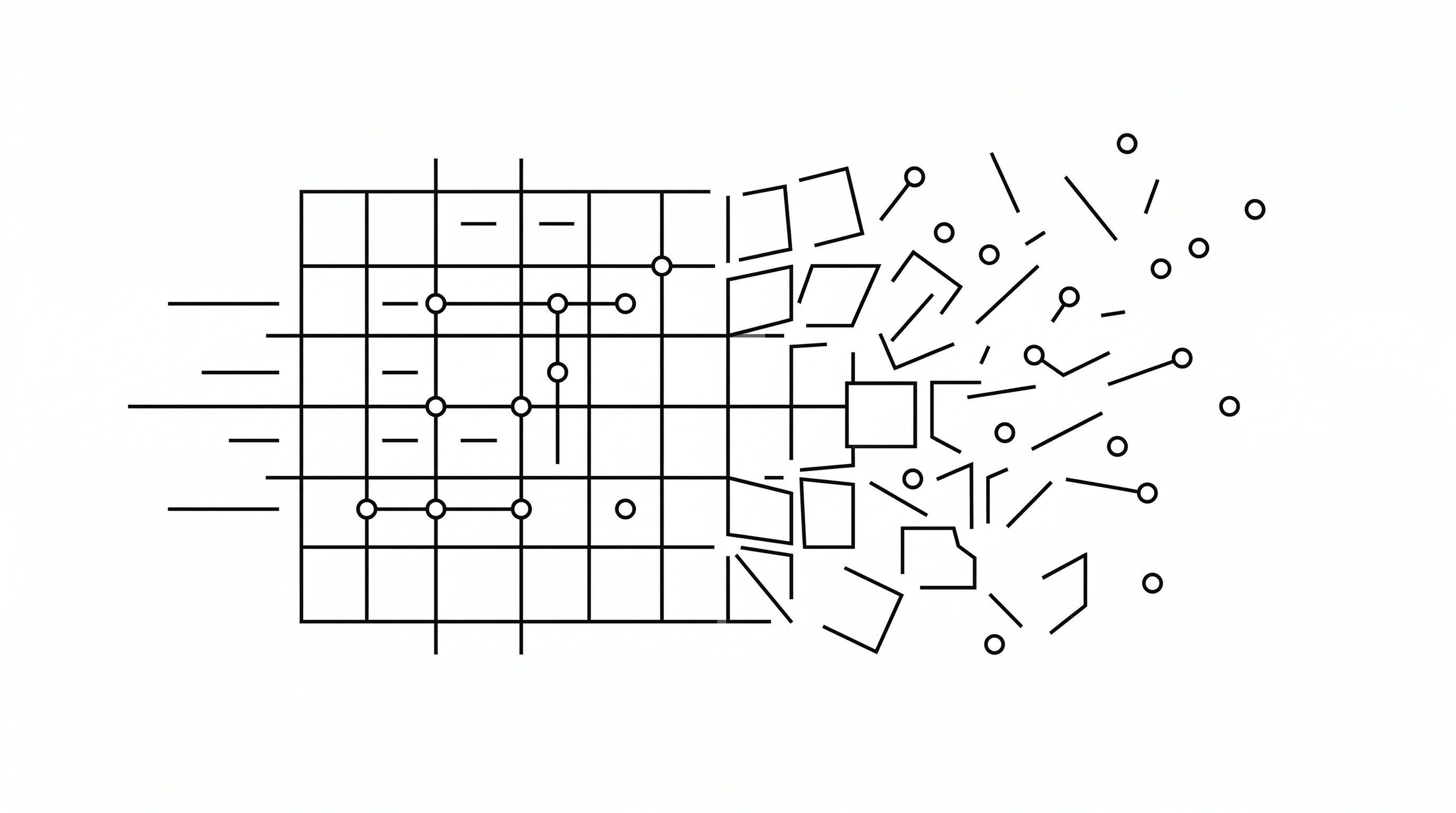 Dissolving diagnostic matrix with geometric cells and threshold lines fragmenting into scattered nodes
