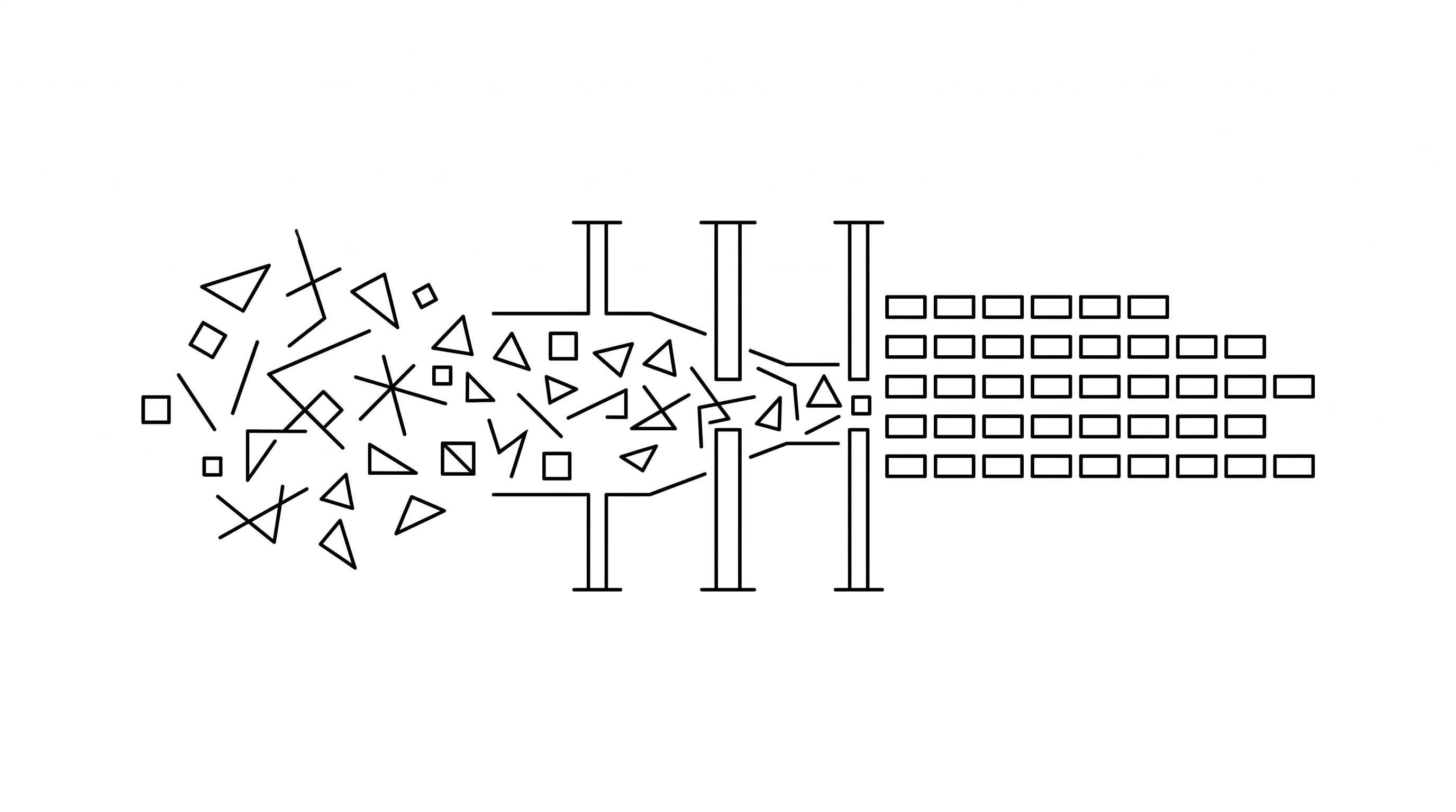 Wide horizontal composition of scattered geometric fragments flowing through vertical gates into neatly aligned rows of rectangular data blocks