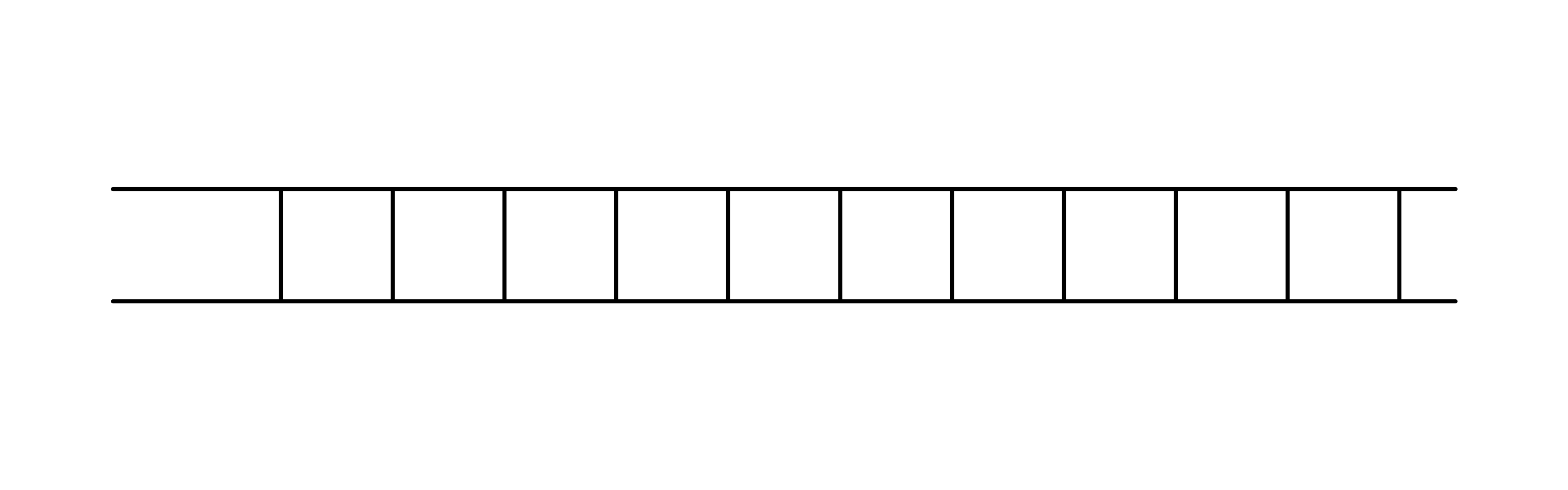 A wide black and white line drawing of a horizontal ladder whose first rung is missing.