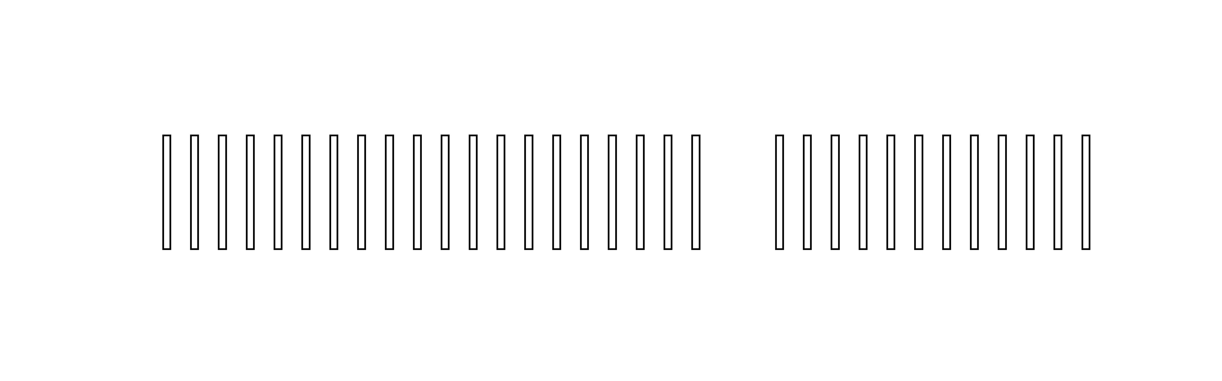 A wide minimalist black and white line drawing of a long row of identical narrow vertical bars with one gap where two bars are missing.