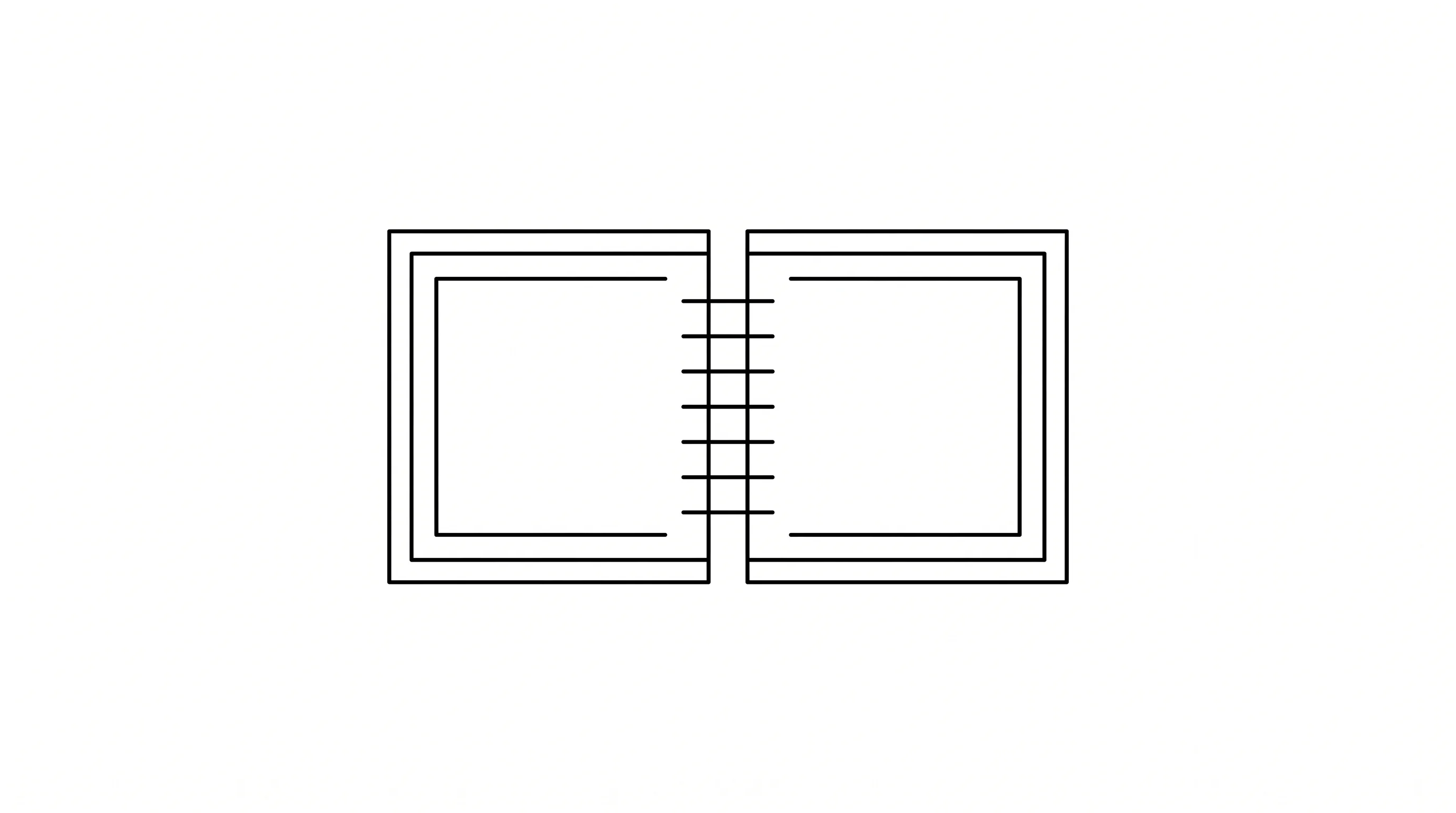 A wide black and white line drawing of two matching rectangular frames separated by a central gap, stitched together by short horizontal segments bridging the gap.