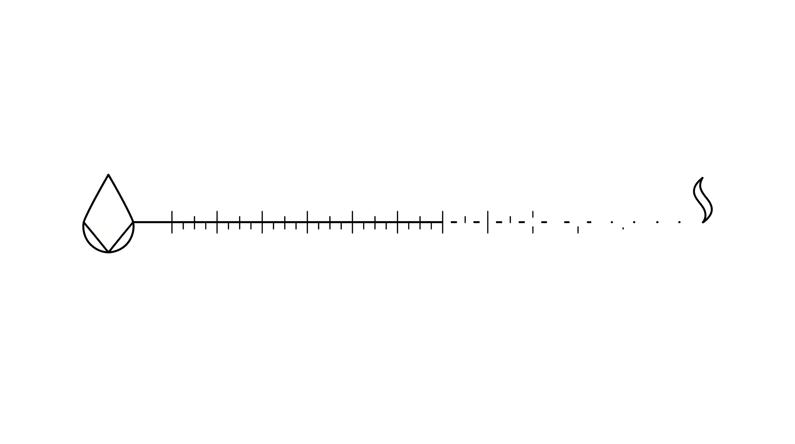A wide minimalist black and white composition of a single water droplet resolving into a horizontal calibrated line of tick marks that fade into sparse dashes, evoking measured, invisible water loss in dry heat.