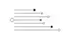 A wide black and white composition: a small circle on the left with seven horizontal lines of different lengths reaching right across an empty field, each ending in a distinct geometric mark.