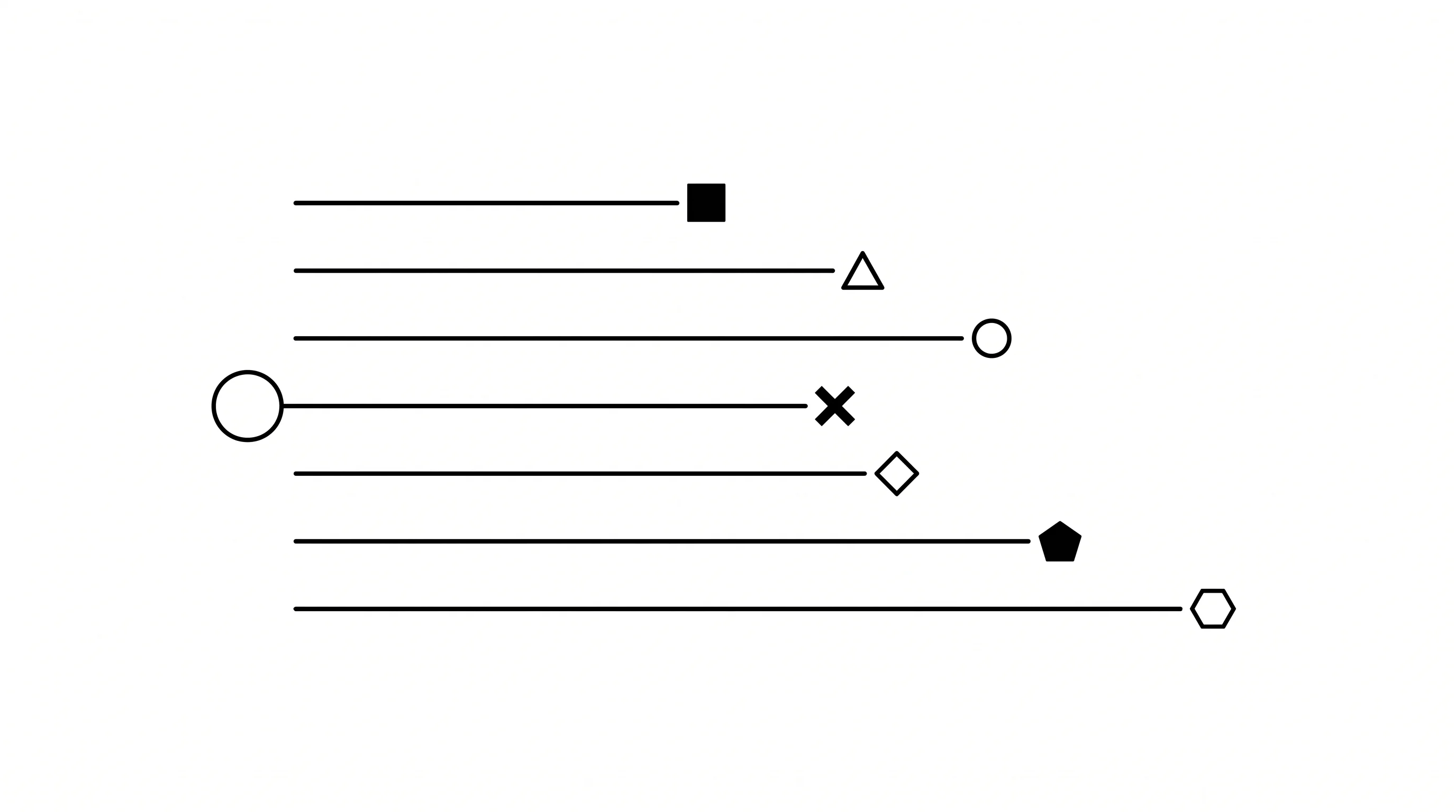 A wide black and white composition: a small circle on the left with seven horizontal lines of different lengths reaching right across an empty field, each ending in a distinct geometric mark.