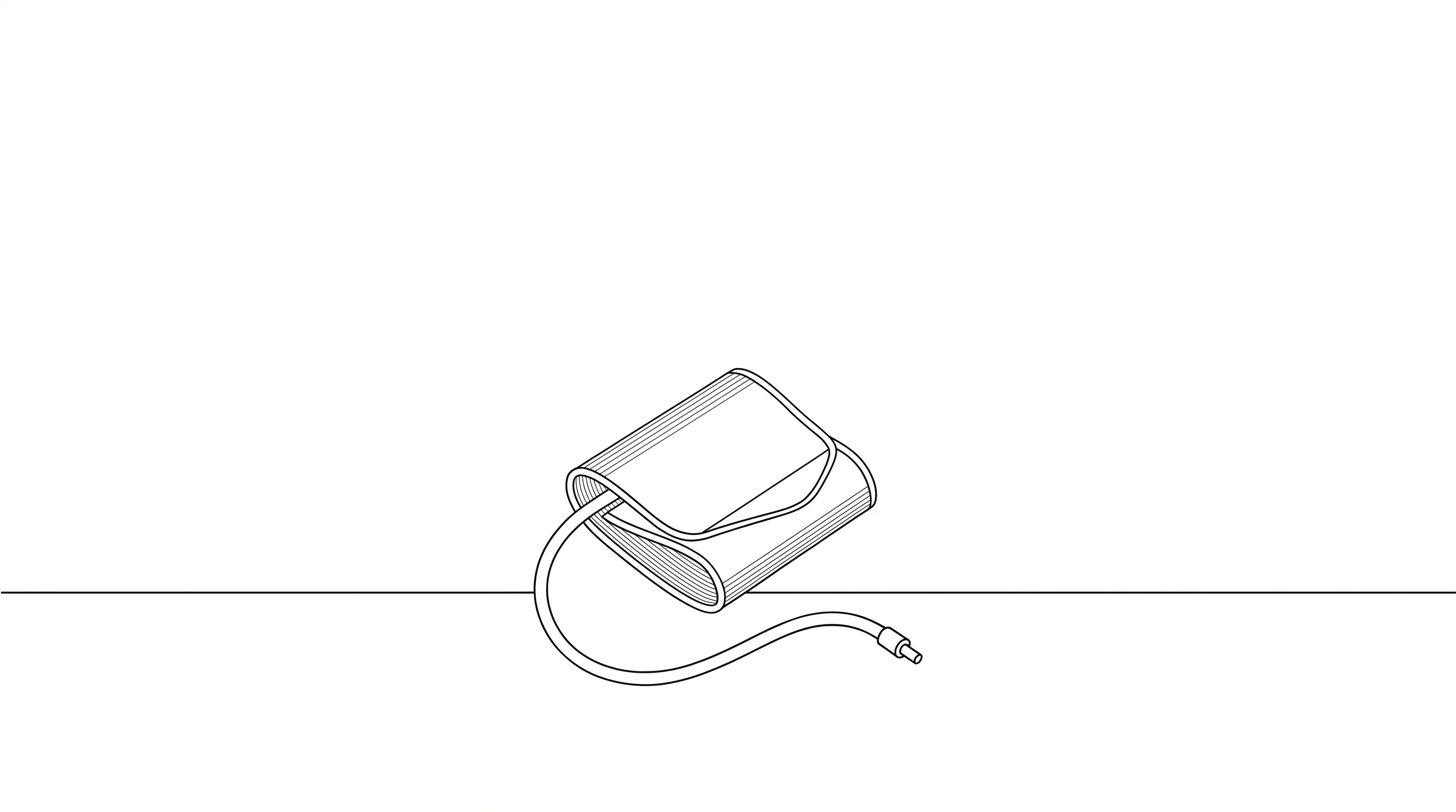 A wide minimalist black and white engraving of an upper-arm blood pressure cuff wrapped into a loop, resting on a long ground line with its tube curling away.