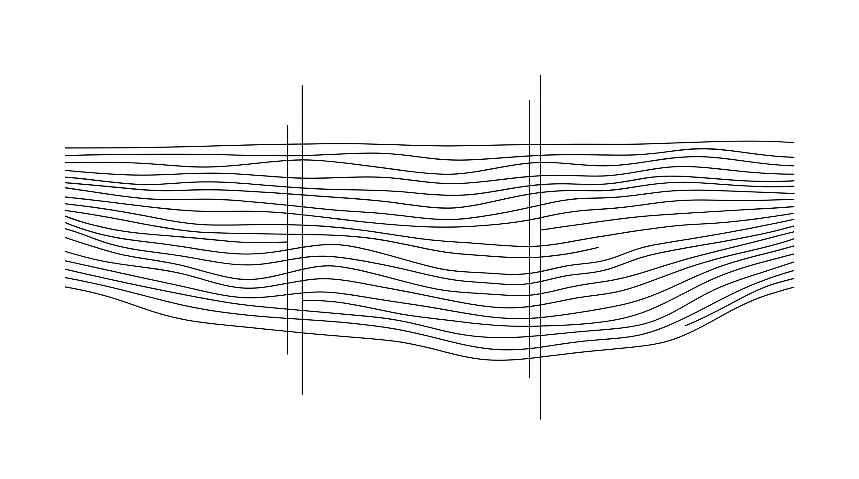 A wide black and white line drawing of layered horizontal strata with vertical core-sample lines reaching down through them.