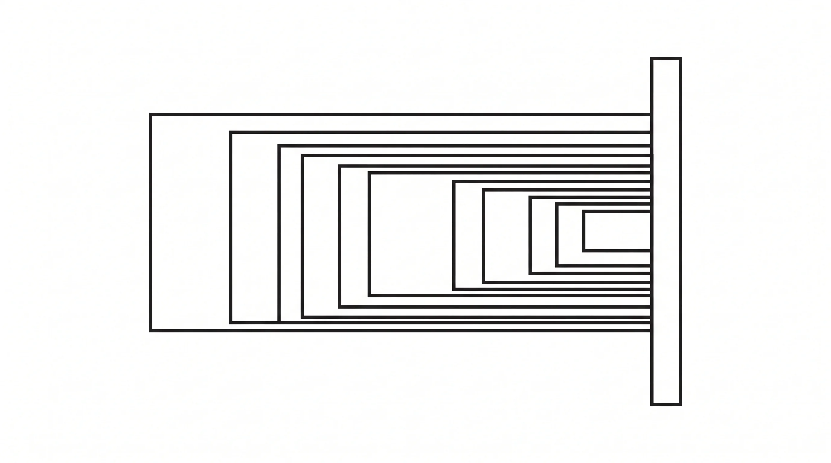 Nested rectangular circuits running left to right, each smaller than the last, arrested against a single tall vertical rule at the right edge.