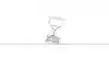 A wide minimalist black and white line drawing of an hourglass tipped forward on a ground line that runs edge to edge, most of its sand in the lower bulb
