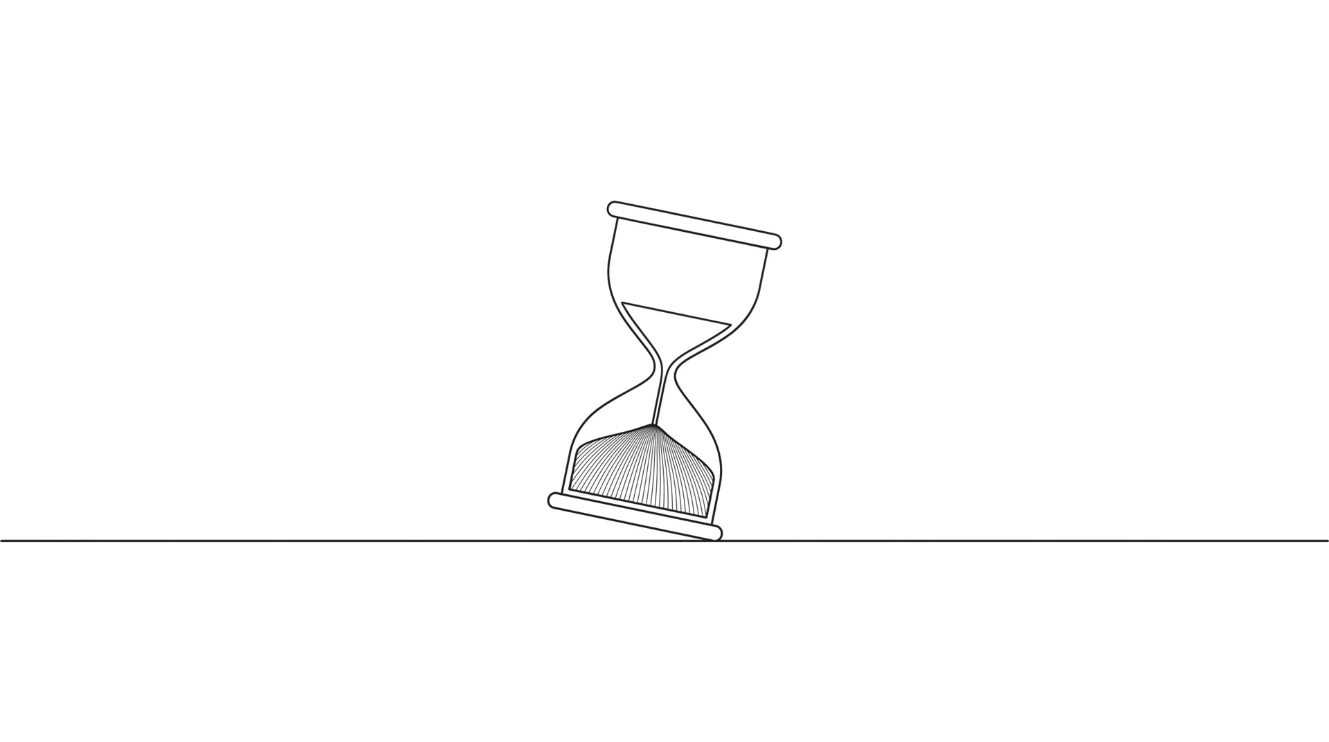 A wide minimalist black and white line drawing of an hourglass tipped forward on a ground line that runs edge to edge, most of its sand in the lower bulb