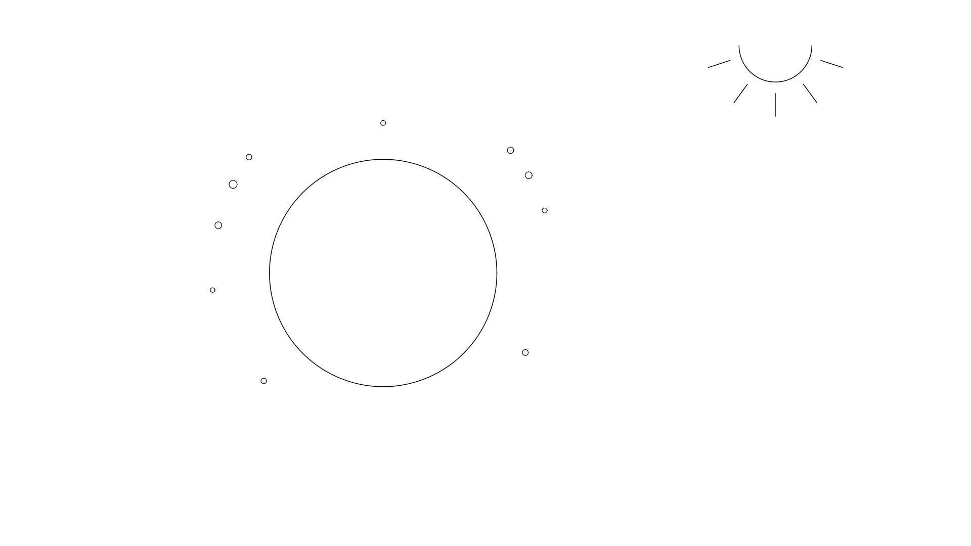 A wide minimalist black and white line drawing of a large ring set left of center, small circles scattered around its edge, and a sun with short rays in the upper right