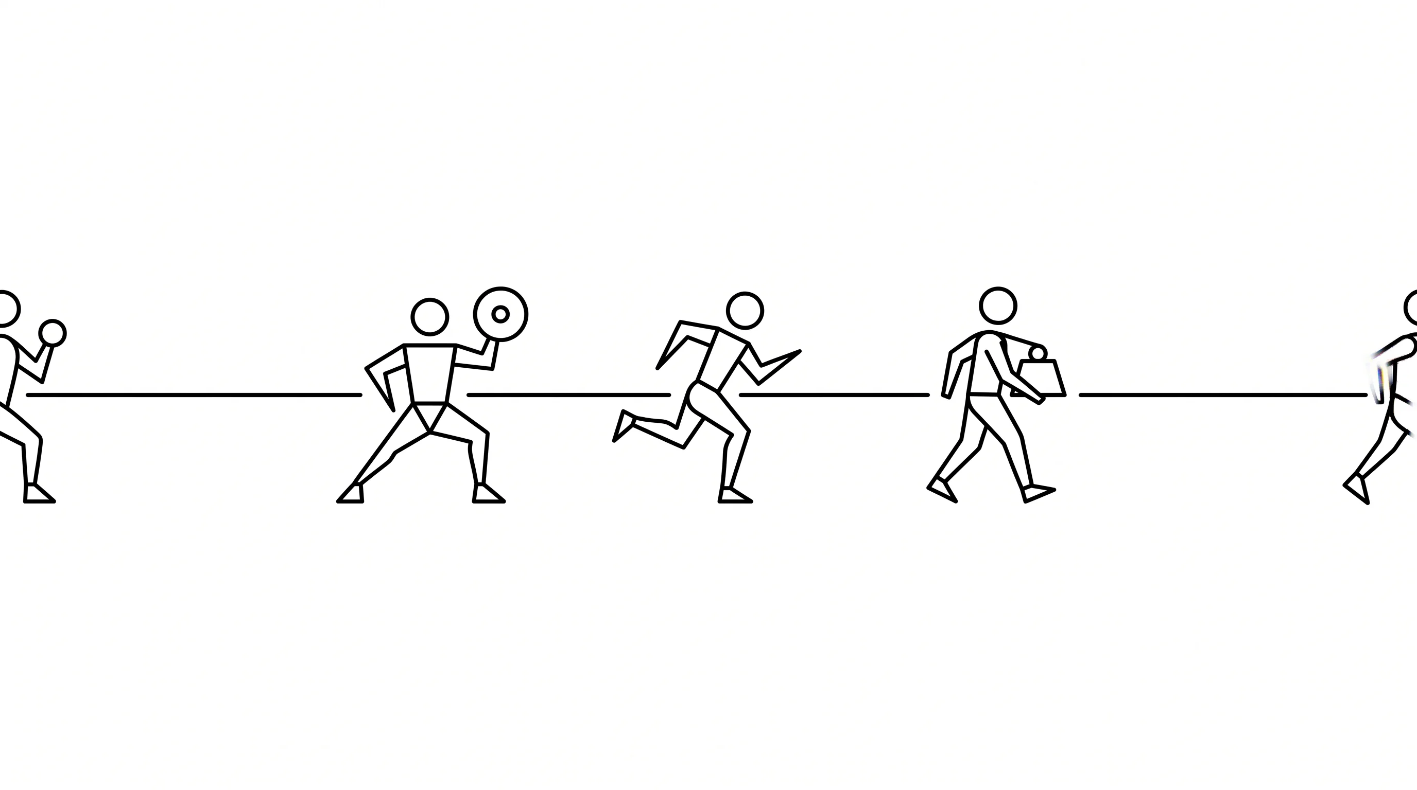 Abstract horizontal procession of training silhouettes spanning decades in minimalist black and white, evoking sustained training across a lifetime