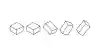 A wide minimalist black and white row of the same angular solid drawn at five progressively rotated orientations, stepping from upright to fully turned
