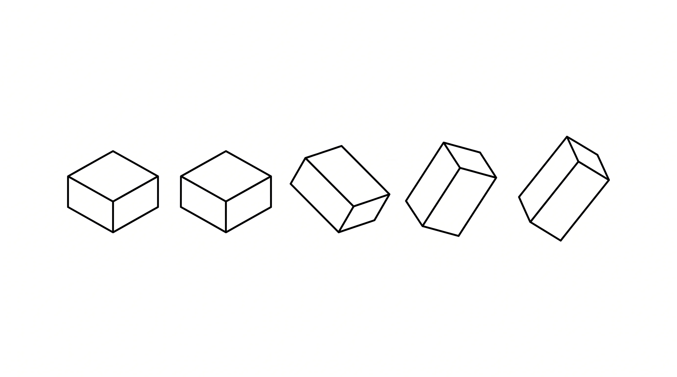 A wide minimalist black and white row of the same angular solid drawn at five progressively rotated orientations, stepping from upright to fully turned