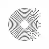 Geometric emblem with concentric rings dissolving into circuit-like branching pathways