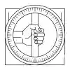 Minimalist black and white poster of a hand gripping a vertical bar inside a tick-marked circular gauge
