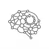 Minimalist black and white poster of a small loop feeding back into a larger node graph, evoking an AI that learns from its own conversations