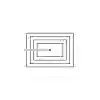 Minimalist black and white poster of five layered rectangles in decreasing size with a single particle flowing through them