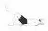 A pencil line drawing of a bald, bearded man in black shorts lying on his back with one foot planted and the other leg extended, lifting his hips until shoulders, hips and knee line up, then lowering.