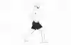 A pencil line drawing of a bald, bearded man in black shorts in a staggered stance, lowering his back knee toward the floor with his torso upright, then rising.